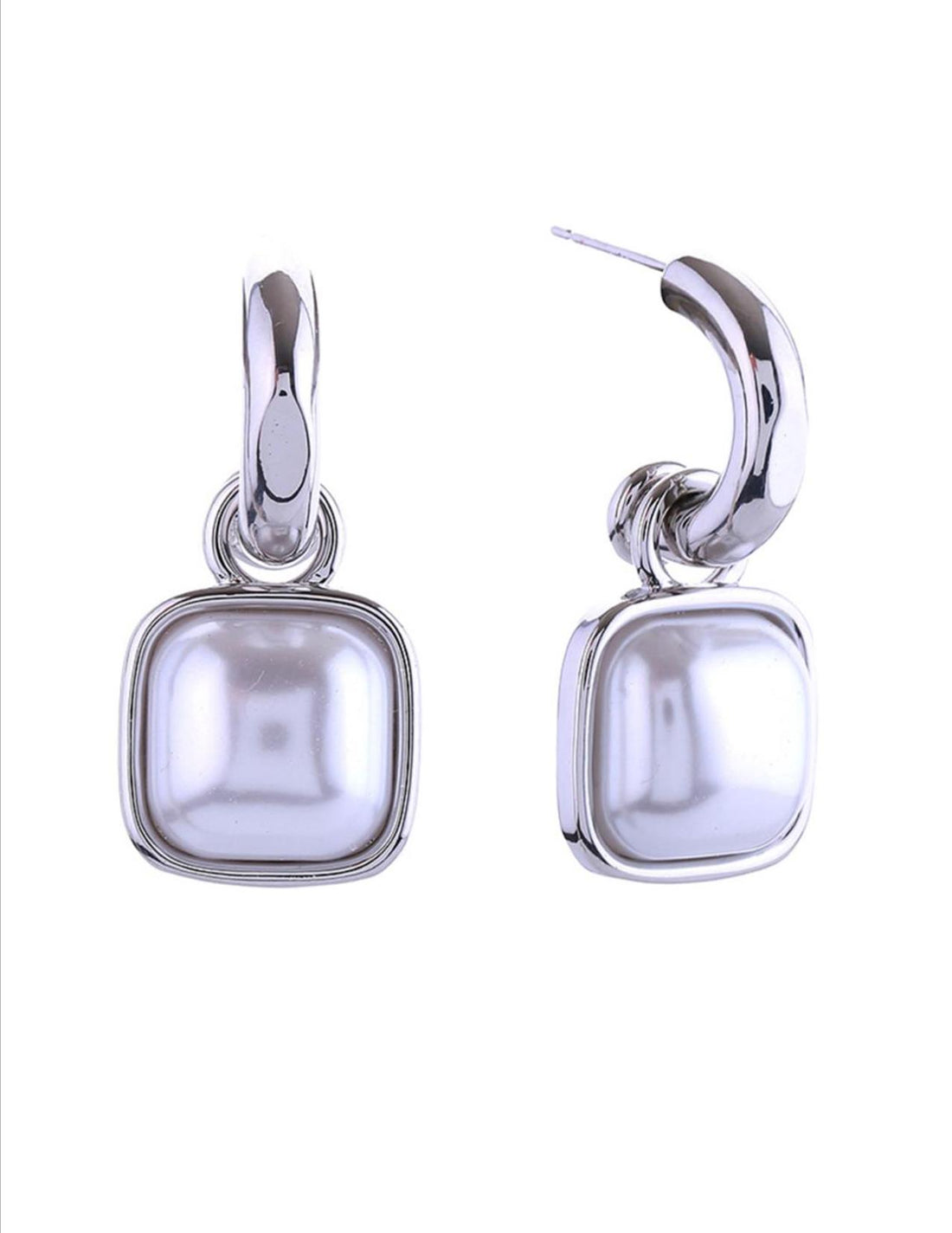 14k Square Pearl Drop Post Earrings (White Gold)