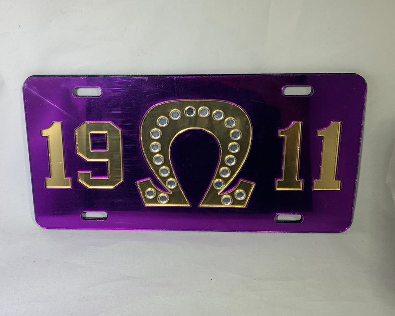 Omega Psi Phi License Pearl Plate with Purple Background
