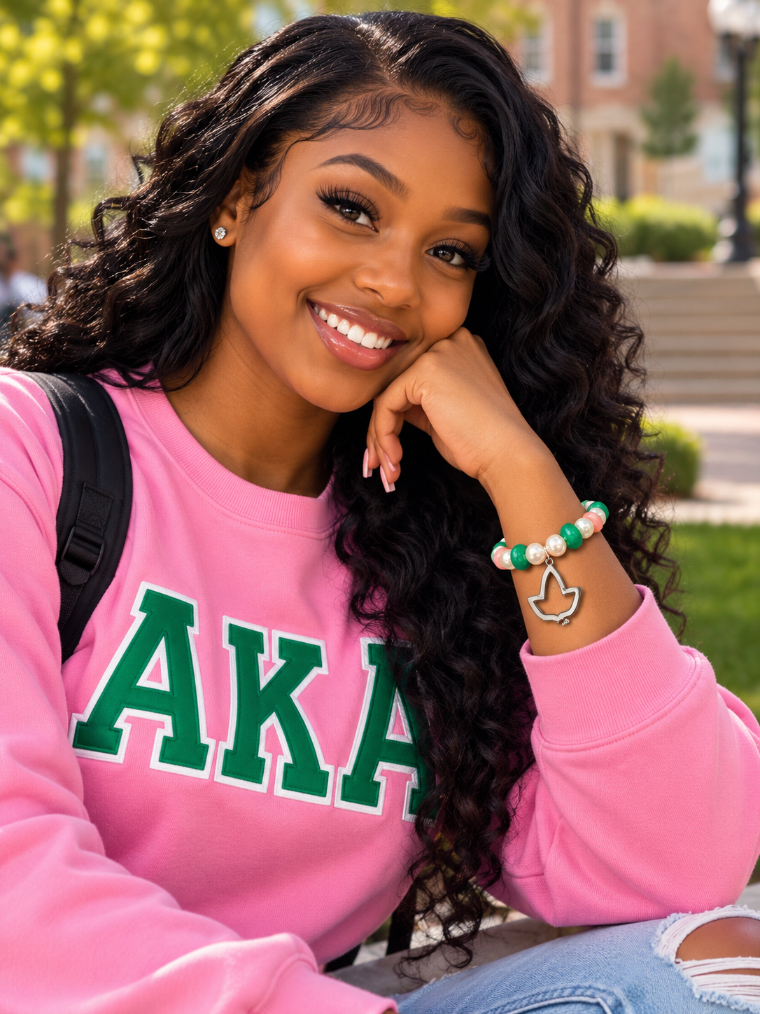 AKA- Pink & Green Pearl Bracelet w/ Ivy Leaf Charm