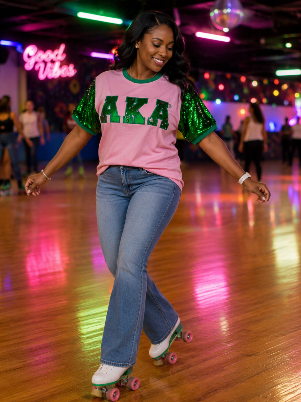 AKA Pink T-Shirt with Green Short Sleeves