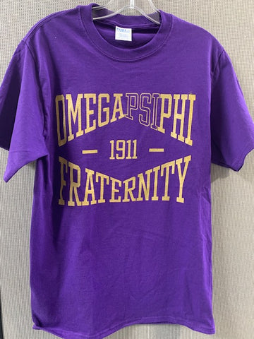 Omega Psi Phi T-Shirt Purple with Gold Letters (Cotton Blend)